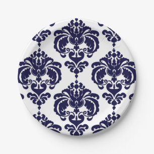 Prato De Papel Evento de Casamento Vintage Azul Marinho e Branco 