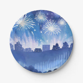 Prato De Papel Exibição de Fogos de Artifício Azuis | Aquarela de