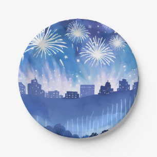 Prato De Papel Exibição de Fogos de Artifício Azuis   Aquarela de