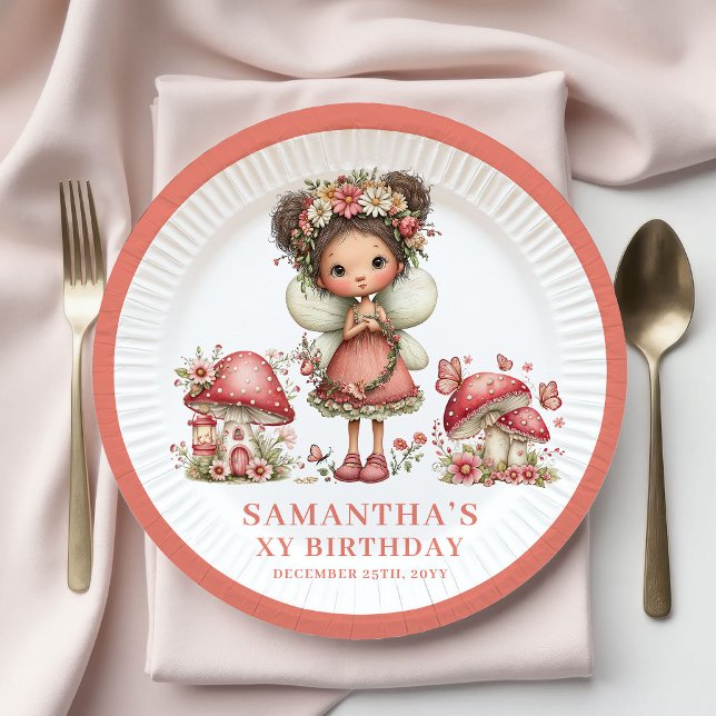 Prato De Papel Fada Alegre 3º Aniversário Flores Rosas Papel (Cheerful Fairy 3rd Birthday Pink Flowers Paper Plates)