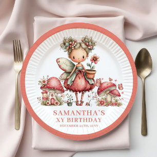 Prato De Papel Fada Rosa Dourado 2º Aniversário Cogumelo Floral P