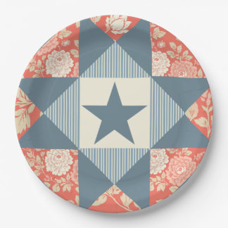 Prato De Papel Faded Red Blue Star Quilt Block Floral
