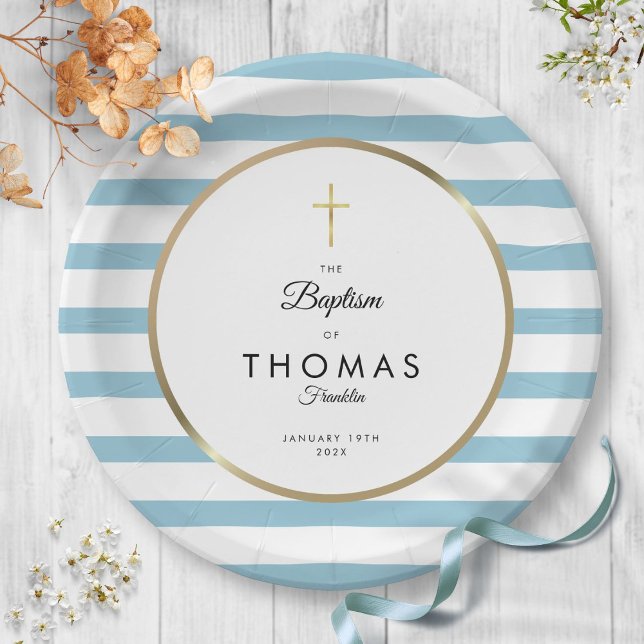 Prato De Papel Faixa Azul Cruz Dourada Batismo Batizado (Blue Stripe Gold Cross Baptism Christening Paper Plates)