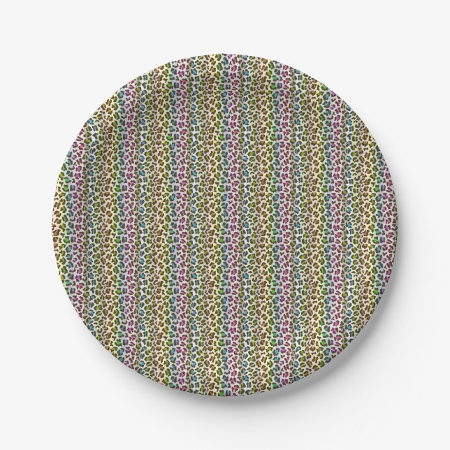 Prato De Papel faixa multicolorida com estampa leopardo tingida (Frente)
