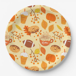 Prato De Papel Fall Deixa Futebol e Pumpkin Spice Patterno