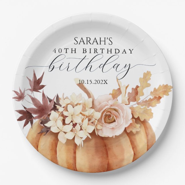 Prato De Papel Fall Floral Pumpkin Woman Birthday Brunch (Frente)