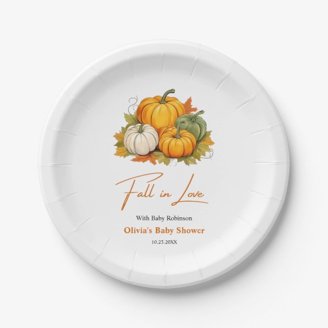 Prato De Papel Fall in Love Autumn Rustic Pumpkin Baby Shower  (Frente)