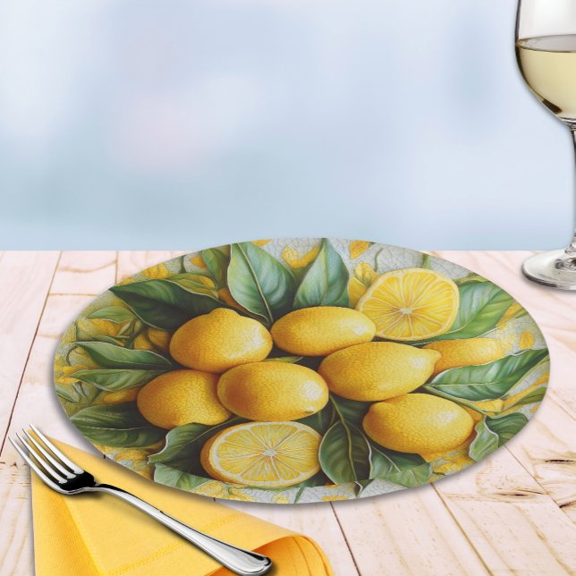 Prato De Papel Falsos Limões Sicilianos em 3D (Faux 3D "Ceramic Style" Sicilian Lemons and Leaves Paper Plate for Italian Parties)