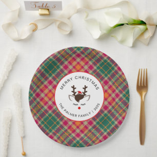 Prato De Papel Família de Natal Elegante Xadrez Tartan e Rena