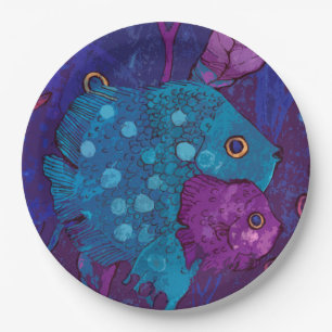 Prato De Papel Família De Peixes, Submarina, Azul E Roxo
