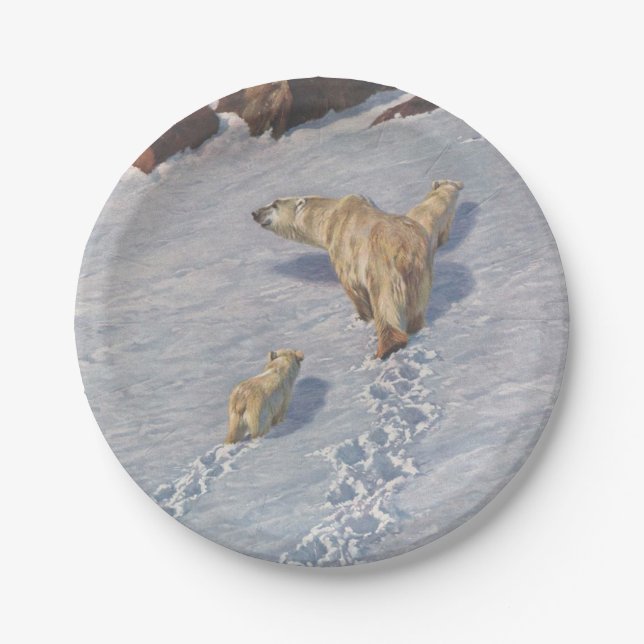 Prato De Papel Família de Ursos Polares na Neve Ártica (Frente)