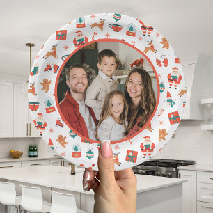 Prato De Papel Familiar Foto da Família Vermelho e Verde Natal