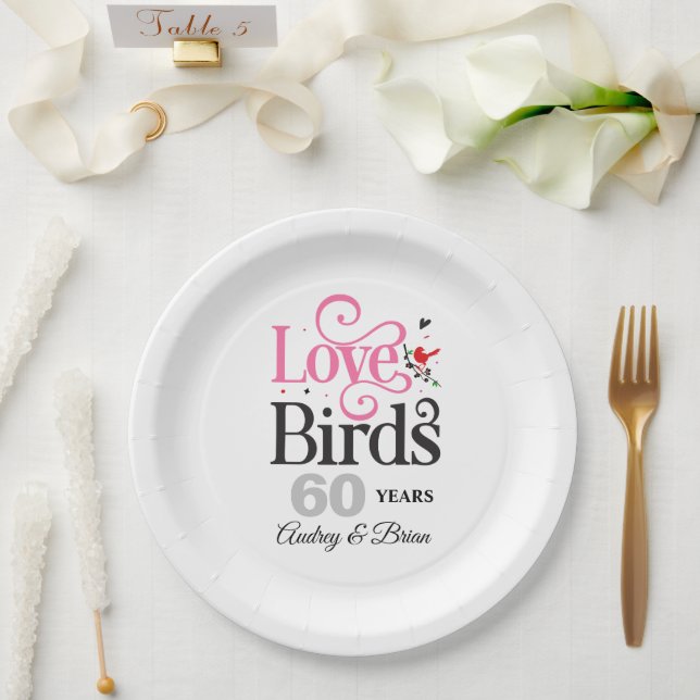 Prato De Papel Famílias Personalizadas de Aves do Amor do 60º Ani (Casamento)