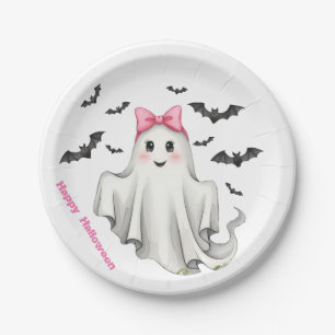 Prato De Papel Fantasma Amiga Rosa com Morcegos Voando