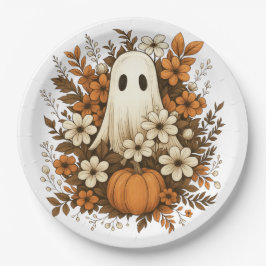 Prato De Papel Fantasma Bonito Com Pumpkin E Flores De Queda - Ha