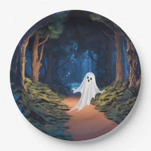 Prato De Papel Fantasma Branco de Halloween na Floresta