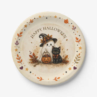 Prato De Papel Fantasma Caprichoso Gato Preto Feliz Halloween