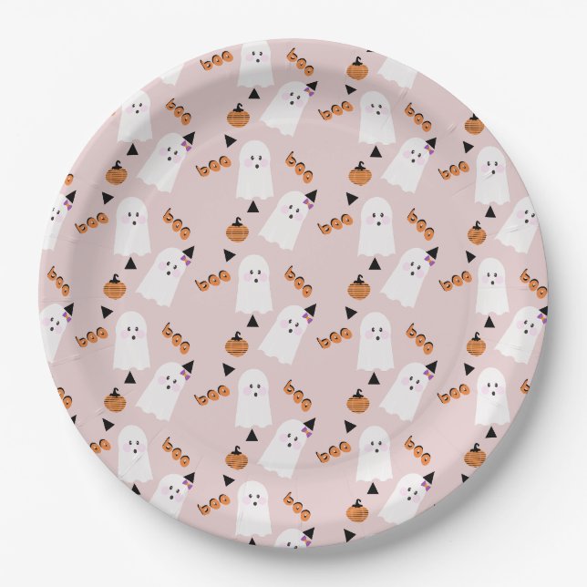 Prato De Papel Fantasma Cute de Halloween Laranja  Confetes  Rosa (Frente)