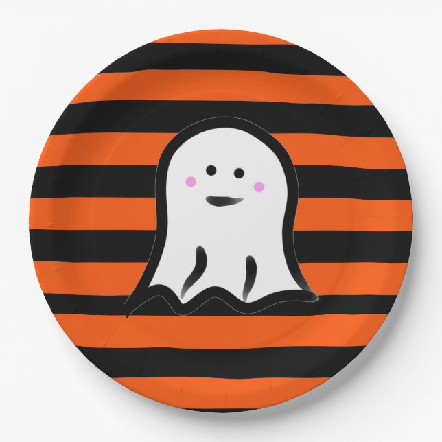 Prato De Papel Fantasma de Halloween em Listras Pretas e Laranja (Frente)