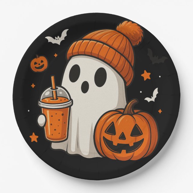 Prato De Papel Fantasma de Halloween Fofo com Abóbora e Bebida  (Frente)