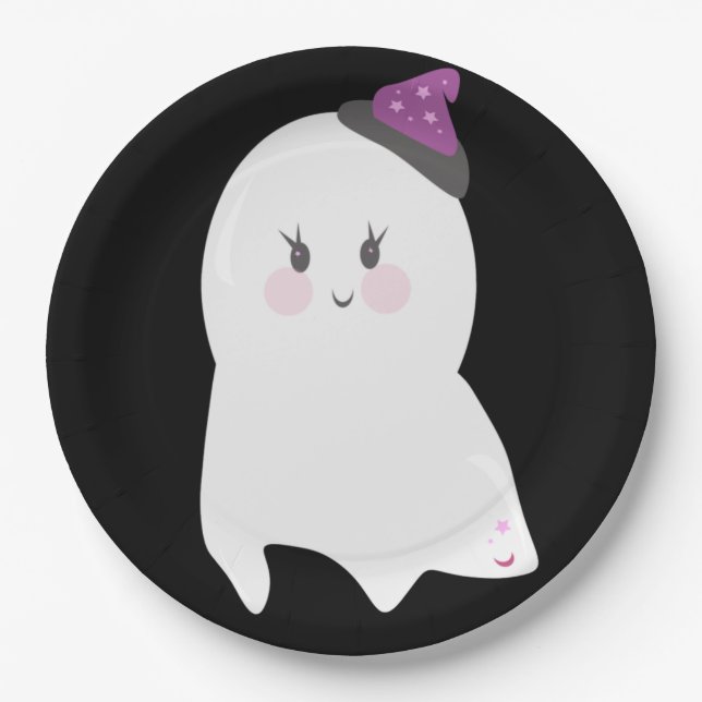 Prato De Papel Fantasma de Halloween Fofo Roxo Preto  (Frente)