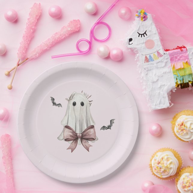 Prato de Papel Fantasma de Halloween Pink Coquette (Festa)