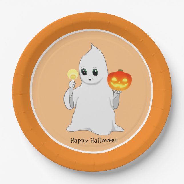 Prato De Papel Fantasma e Abóbora de Halloween Fofos em Laranja (Frente)