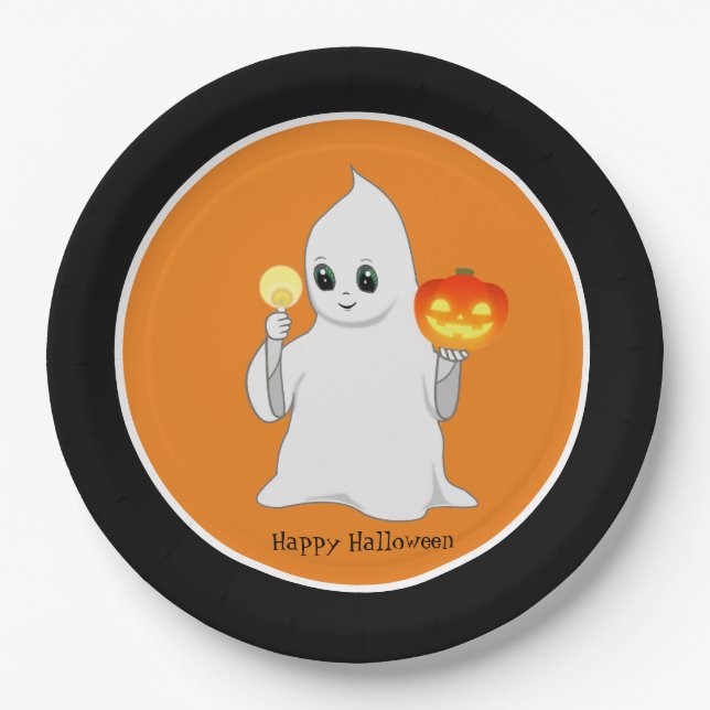 Prato De Papel Fantasma e Abóbora de Halloween Fofos em Laranja e (Frente)