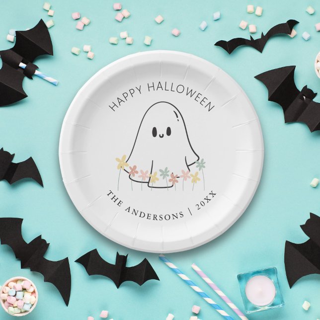 Prato De Papel Fantasma Floral de Halloween Fofo (Criador carregado)