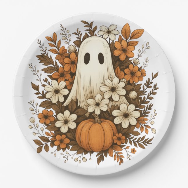 Prato De Papel Fantasma Fofo Com Abóbora E Flores De Outono – Hal (Frente)