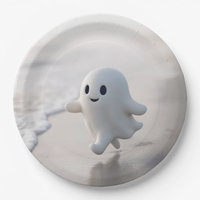 Prato De Papel Fantasma Fofo Correndo em uma Praia (Frente)
