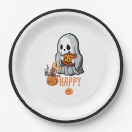 Prato De Papel Fantasma Fofo e Abóbora Feliz Halloween