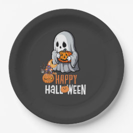 Prato De Papel Fantasma Fofo e Abóbora Feliz Halloween