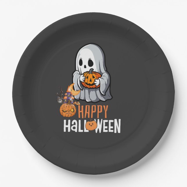 Prato De Papel Fantasma Fofo e Abóbora Feliz Halloween (Frente)