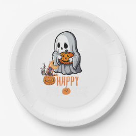 Prato De Papel Fantasma Fofo e Abóbora Feliz Halloween