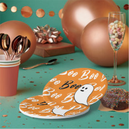 Prato De Papel Fantasma Halloween preto branco laranja boo