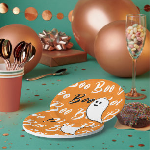 Prato De Papel Fantasma Halloween preto branco laranja boo