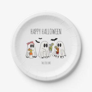 Prato De Papel Fantasma Retro Fofo e Coquetéis Feliz Halloween