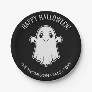 Prato De Papel Fantasma Sorridente Fofinho Feliz Halloween Preto 