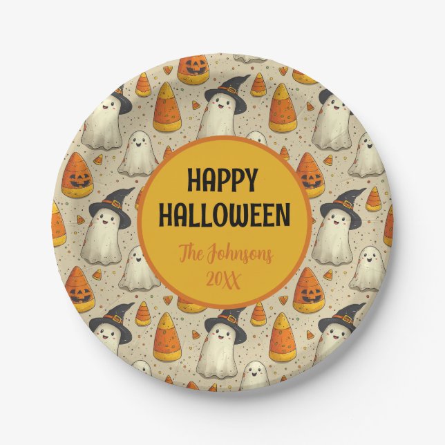 Prato De Papel Fantasmagóricos enfeites de Halloween personalizad (Frente)