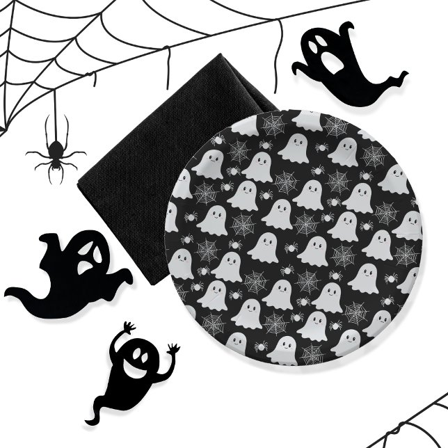 Prato De Papel Fantasmas bonitos | Aranhas | Spider Webs Hallowee (Cute Ghosts, Spiders and Spider Webs Halloween Black and White Patterned Party Paper Plates)