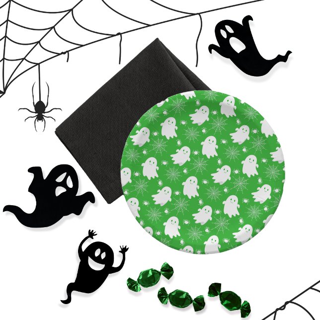 Prato De Papel Fantasmas bonitos | Aranhas | Spider Webs Hallowee (Cute Ghosts, Spiders and Spider Webs Halloween Green and White Patterned Paper Plates)