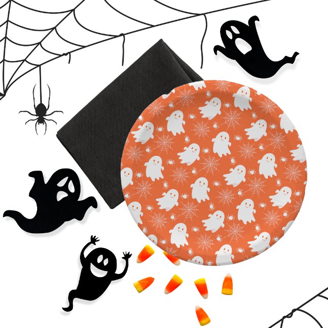 Prato De Papel Fantasmas bonitos | Aranhas | Spider Webs Hallowee (Cute Ghosts, Spiders and Spider Webs Halloween Orange and White Patterned Paper Plates)