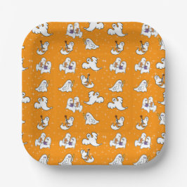 Prato De Papel Fantasmas bonitos do Halloween em fundo laranja