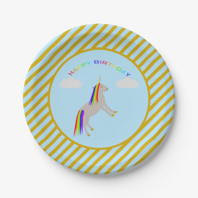 Prato De Papel Fantasy Birthday Unicorn Rainbow and Clouds (Frente)