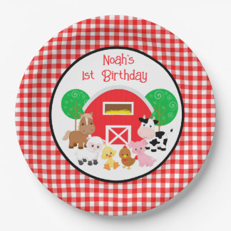 Prato De Papel Farm Themed Red Gingham Birthday Paper Plates