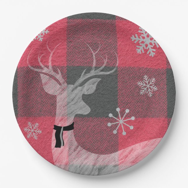 Prato De Papel Farmhouse Red & Cinza Buffalo Xadrez Deer Snowflak (Frente)