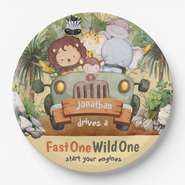 Prato De Papel Fast One Wild One Safari Animal Car primeiro anive (Frente)