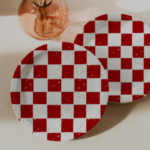 Prato De Papel Fatia Moderna Bebê Italiano Xadrez Vermelho