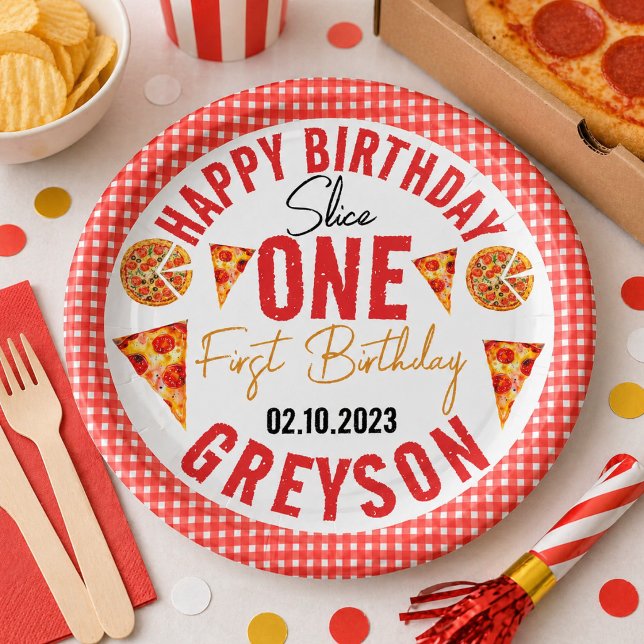 Prato De Papel Fatia Moderna da Pizza Baby Pizza 1º Aniversário (Modern Slice Slice Baby Pizza 1st Birthday Paper Plates)